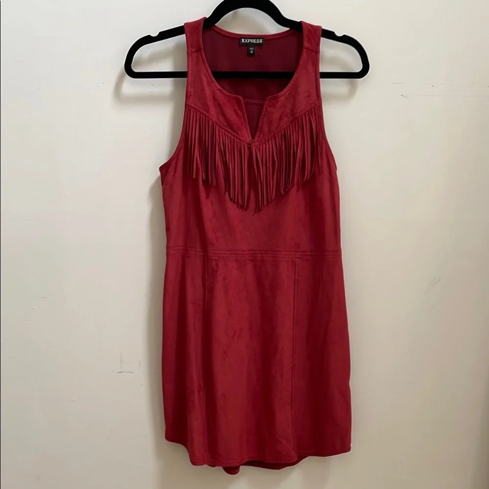 Express Rust Red Faux Suede Fringe Shift Dress - size XS